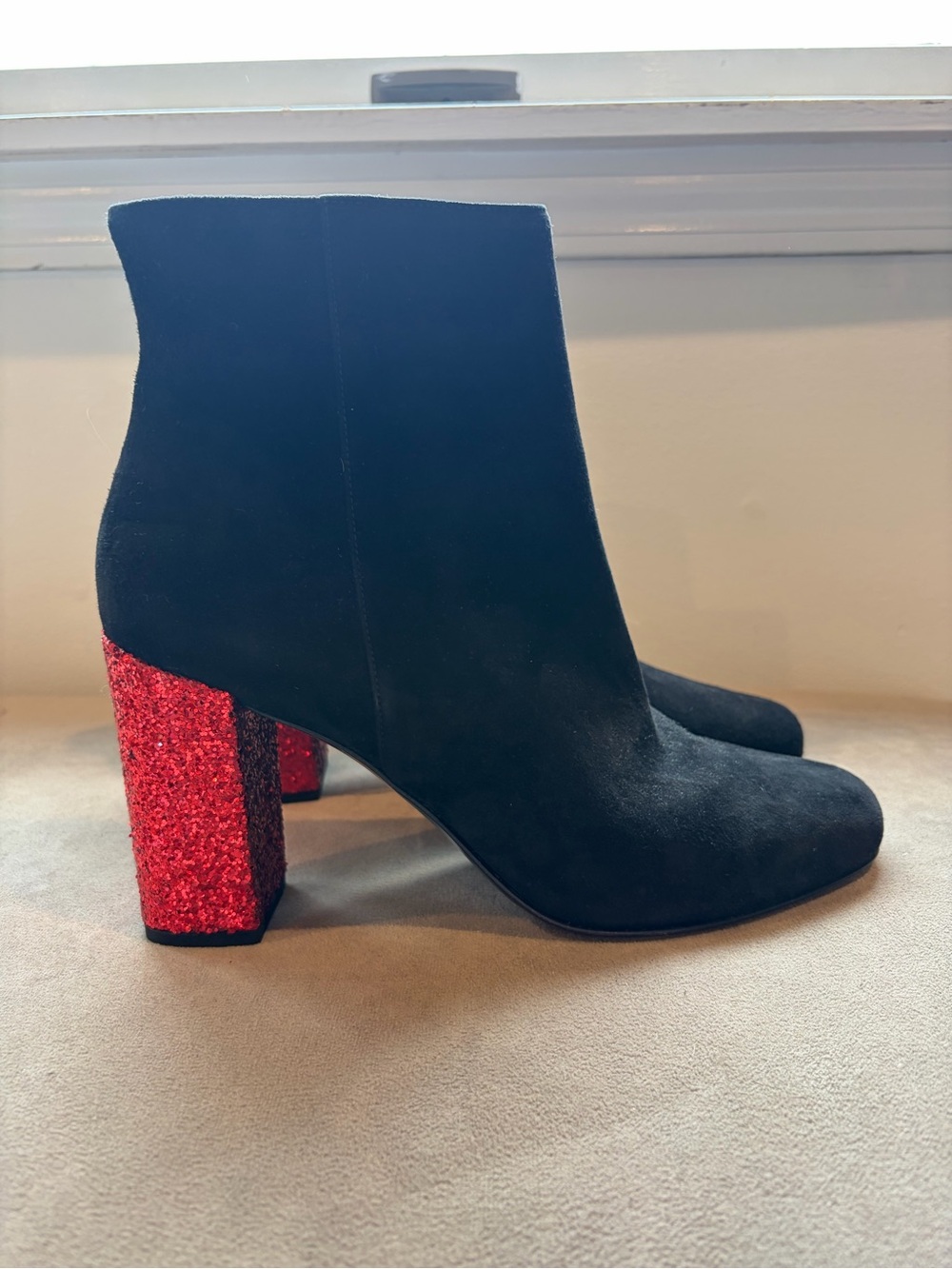 Saint Laurent Black Suede Ankle Boots with Red Glitter Block Heel